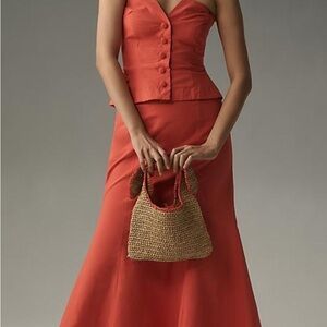Chic Orange Sleeveless Dress with Woven Bag